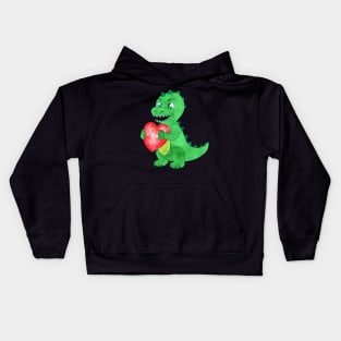 Watercolor Green Dinosaur Hold Heart Valentine Kids Hoodie